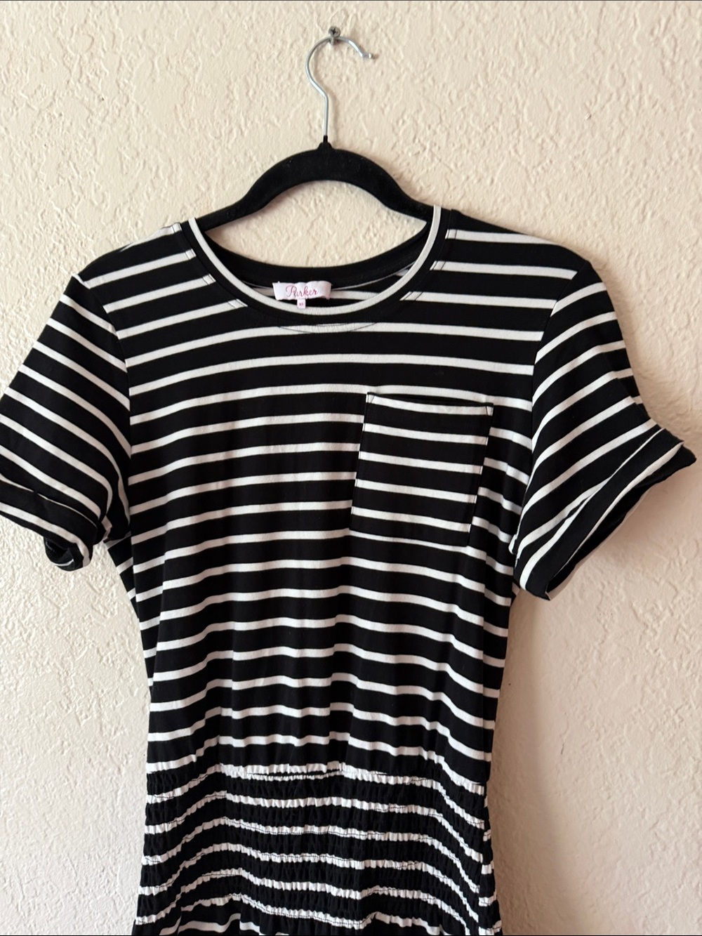 Parker Cotton Jersey Mini Dress Size XS/S Black White Chest Pocket Smocked Waist - Picture 3 of 7